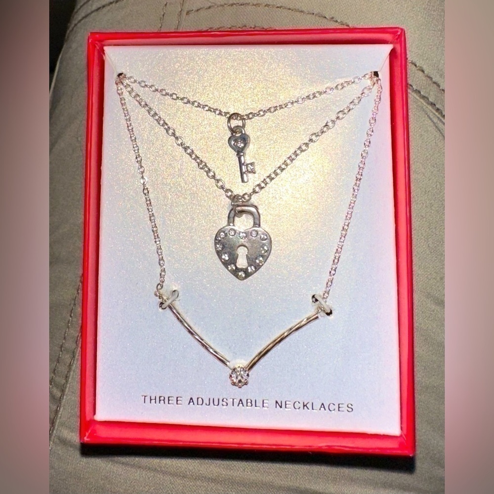 3 For 35 Silver Tone Heart Lock And Key 3pc Necklace Layering Set Cz Inlay 10$